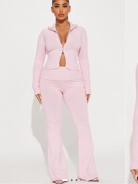 Fashion Nova Pink Zip Knit Sweater & Pant Set
